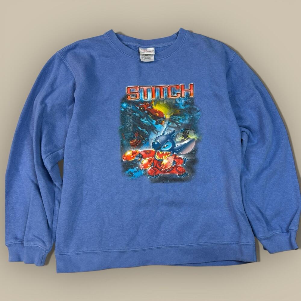 Vtg Y2K Disney Store Stitch Sweatshirt Kids Large 10/12 Blue Graphic Crewneck